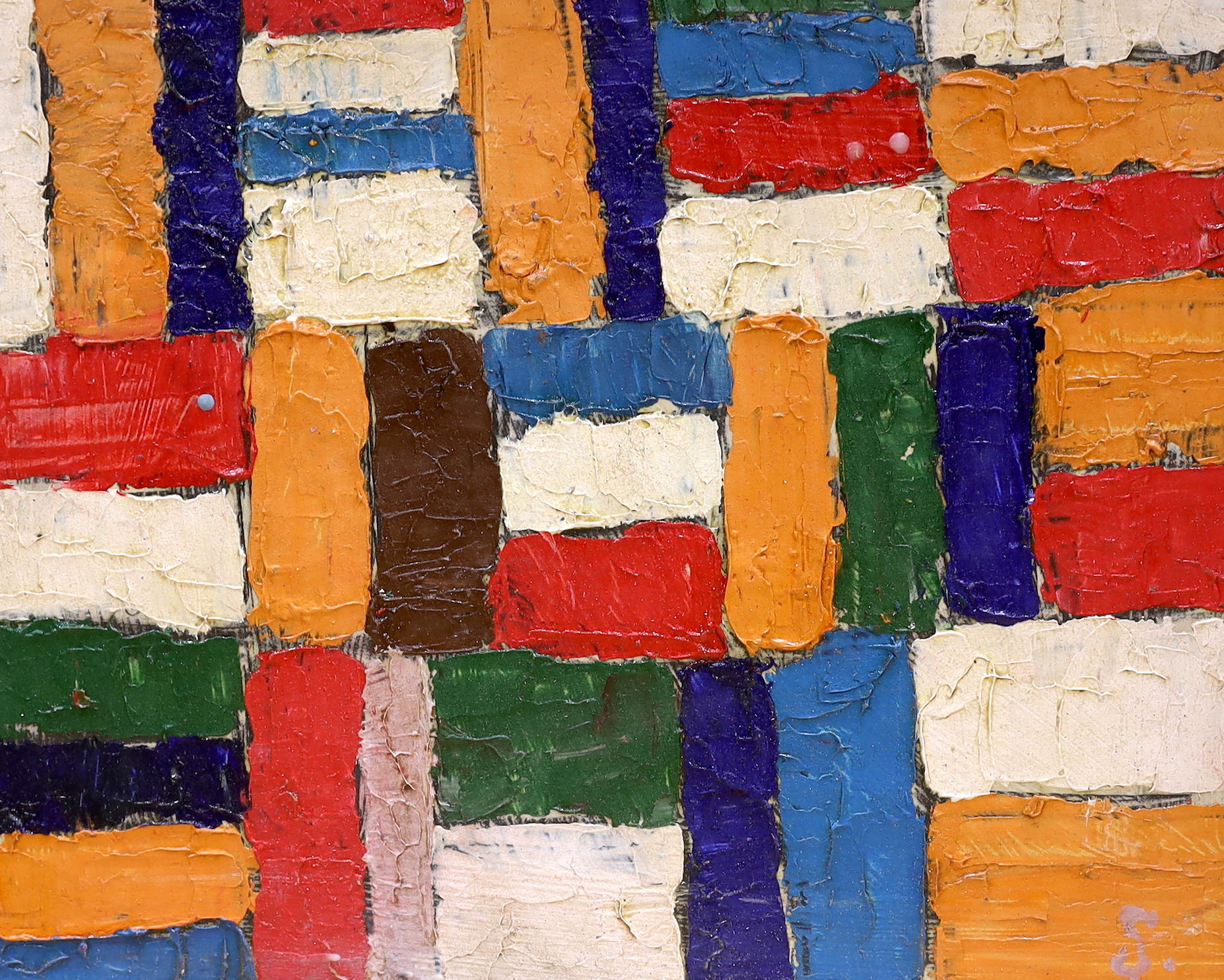 Manner of Sonia Delaunay (French, 1885-1979), impasto oil on board, Abstract composition, geometric shapes, 44 x 66cm